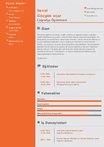 Coğrafya Öğretmeni CV Örnekleri cv indir